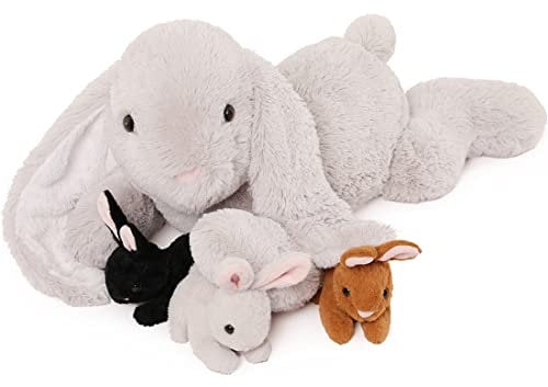 MorisMos Big Bunny Teddy Stuffed Animal, 60cm Fluffy Mom Easter Rabbit with 4 Baby Inside, Cuddly Rabbit Teddy for Girls Giant Bunny Plush Soft Toys Gift for Kids Birthday Valentines Deco