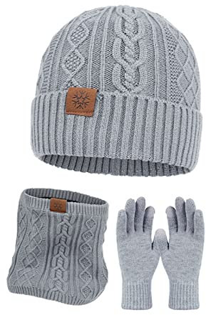 Mütze Schal Handschuhe Set Damen Rot Winter Mütze Beanie warme Damen Mütze Fleece Innenfutter DamenMütze Warme Chunky StrickMütze für kaltes Frauen ModeMütze Warme WinterMütze Gestrickte Sturmhaube