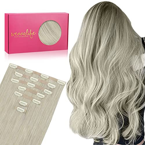 WENNALIFE Extensiones de Clip Seamless de Pelo natural, Gris 50cm 150g 7 Piezas Sin Costuras Extensiones Pelo Natural Clip Extensiones de Cabello Remy Humano Natural Invisible Clip In