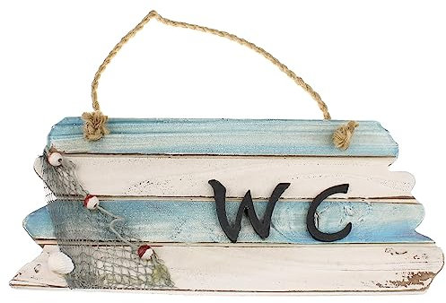 MACOSA BGT06399 WC Tür-Schild maritim blau weiß 28 x 13 cm Holz Metall Holzschild Hinweisschild Dekoschild Türdeko Deko-Accessoire Toiletten-Schild