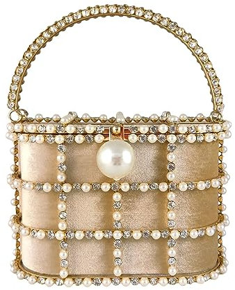 Boutique De FGG Abendhandtaschen mit Perle Strass Clutches für Hochzeit Party Kristall Eimer Tasche Schultertaschen,Klein,Gold