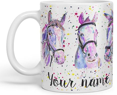 Vixar Personalised with Your Horses Horse Farm Animals Watercolour Art Coloured Mug Cup Gift Birthday Custom Work Office Tea Coffee (White)