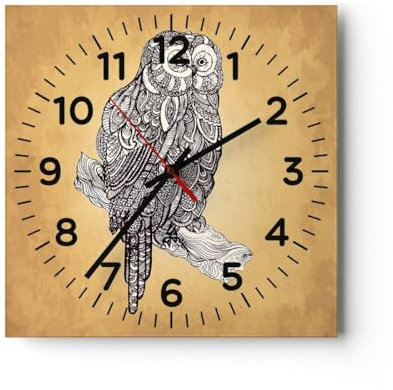 Modern Wanduhr Eule Vogel Tier 30x30cm Quadrat Klein Wand Uhr Glas Analog Zimmeruhren Küche Büro Wohnzimmer Glasuhr Wall Clock Dekoration Design Wanddekoration Küchenuhr C4AC30x30-5237
