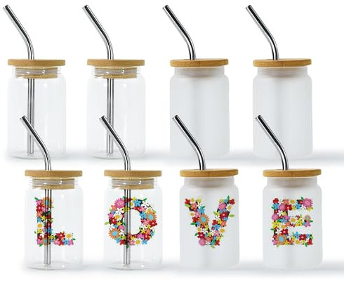sweet grain 3oz Mini Glass Cans(8 Pack) - Mini Glass Tumbler Blanks with Bamboo Lid and Straw, Shot Glass Tumbler for Drinks, Coffee, Cocktails - Transparent & Frosted, SG-3MTSGC-8