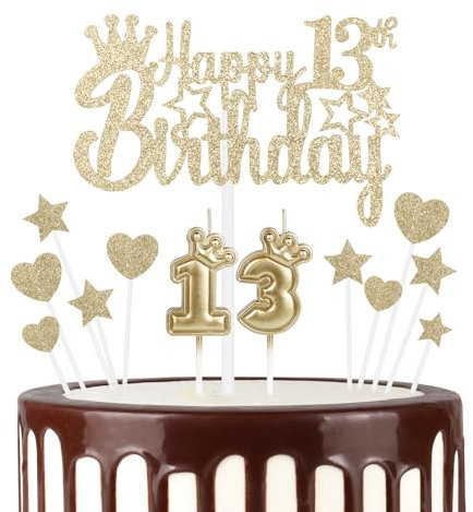 mciskin 13th Happy Birthday Candles Cake Toppers, Crown Number 13 Candle for Cake, Girls 13th Birthday Decoration, Cake Candle Cake Topper for Women Birthday Party Wedding Anniversary (Champagne Gold)