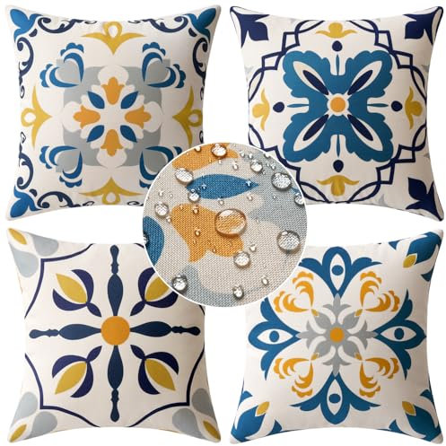 MIULEE Pack of 4er Kissenbezüge Outdoor wasserdichte Leinen Kissen wasserdichte Kissenbezug Gedruckte kissenhülle Für Zelt Park Bett Sofa Stuhl Schlafzimmer Dekorativ Balkon 40x40cm Blau Kaleidoskop