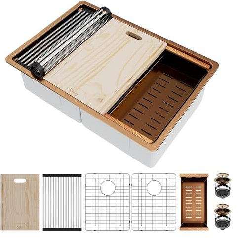 Davivy 32 Inch Kitchen Sink, 32x22 Inch Double Bowl Undermount Workstation Sink with Single Track, 16 Gauge Rose Gold Stainless Steel Work Station Kitchen Sink with Multiple Accessories