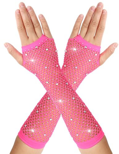 DIVINA VITAE Hot Pink Rhinestone Fishnet Gloves - Long Fingerless 80s Fish Net Arm Sleeves - Sparkly Mesh Fashion Accessories for Women and Kids