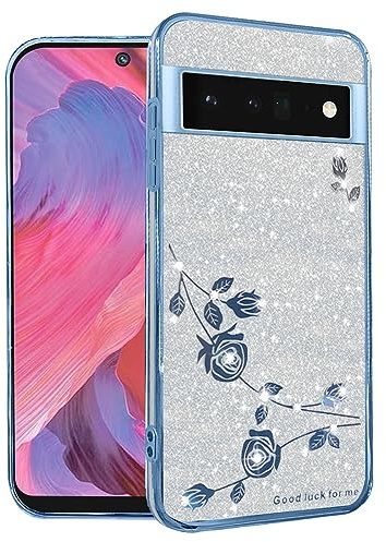 Kainevy Phone Case for Google Pixel 6 Case Clear Glitter Pink Floral for Women Girls Cute Pretty Sparkle Cover Google Pixel 6 Phone Case Shockproof Soft Silicone TPU Slim Bling Luxury (Blue-Silver)