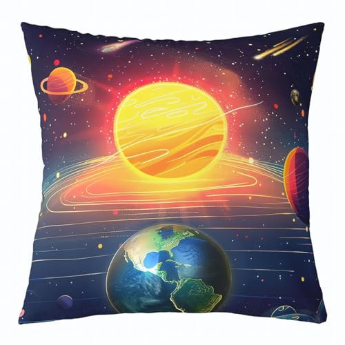 Homewish Erde Werfen Kissenbezug,Neonlicht Planet Kissenbezug für Kinder Jungen Mädchen, Weltraum Kissenbezug, Glitter Universum Sterne Dekorative Quadratische Kissenbezug 40x40cm