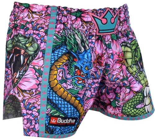 Buddha Fight Wear Retro-Hose Premium Fantasy Snake. Speziell für Kickboxen, Muay Thai, K1, Boxen, Rosa+mehrfarbig, S