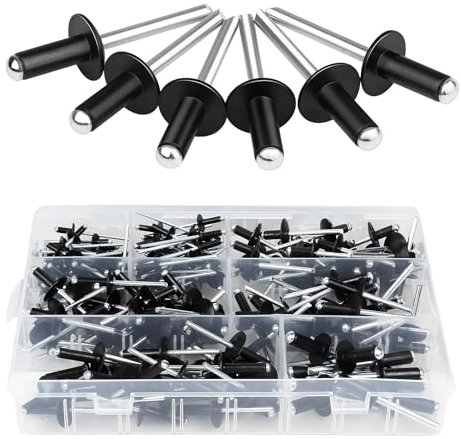Kit surtido de 200 remaches negros, 7 tamaños de remaches de 1/8 pulgadas, 3/16 pulgadas, 1/4 pulgadas, remaches de aluminio de brida grande, remaches ciegos surtidos con funda para metal, barco