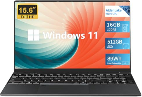 KUMNOSAL Ordenador Portátil 15,6, PC Portátil Alder Lake-N100,16GB RAM 512GB SSD Laptop Win11 Pro, Batería Grande de 89Wh con Desbloqueo de Huellas Dactilares BT 5.2/WiFi 6/USB 3.0/ Type-C/Mini HDMI
