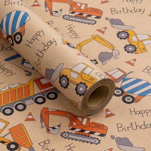 RUSPEPA Kraft-Geschenkpapierrolle – Minirolle – Cartoon-Truck und „HAPPY BIRTHDAY“-TextDesign, ideal für Geburtstag, Party, Babyparty – 43,2 cm x 10 m