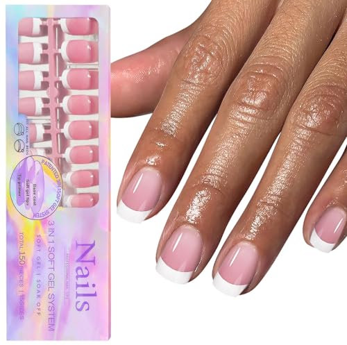 GZMAYUEN 150Pcs Faux Ongles Press on Nails Ballet, 3 in 1 Court Cercueil Bord Blanc Couverture Intégrale Fake Nails Faux Ongles Reutilisable pour Femmes et Filles- Rosa Blanc