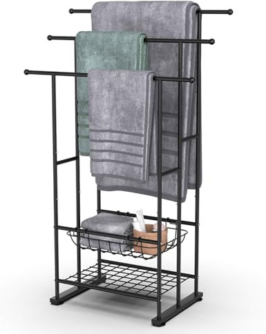 FoverOne Porte-serviettes autoportant à 3 niveaux pour salle de bain, 101,6 cm de haut, avec panier de rangement et étagère, égouttoir au bord de la piscine pour grandes serviettes de bain, noir