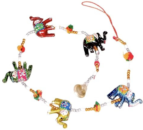 Elefanten-Ornament, ethnisches Kalamkari, mehrfarbig, handbemalt, Türhänger, dekorativ, fünf Stränge zusammen mit Perlen und Glocke, Windspiel