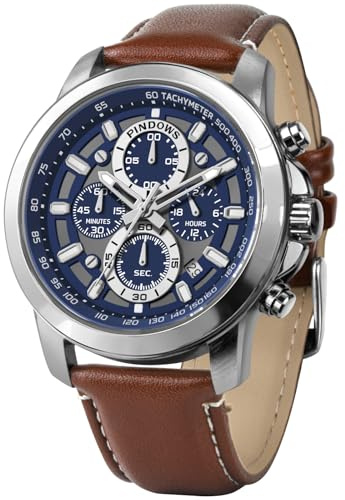 PINDOWS Armbanduhren für Herren, analoge Chronograph-Quarzuhren für Herren, wasserdicht, Business- und Freizeitkleidung mit schwarz-braunem Lederband