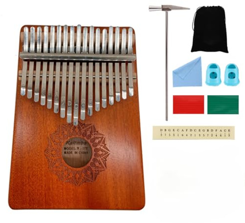 Tragbares Kalimba Daumenklavier aus massivem Mahagoni mit 17 Tönen für Anfänger, inklusive Stimmhammer und Lernanleitung (exotisch)