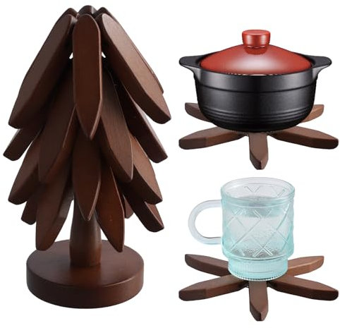 4Pcs Walnut Wooden Trivets Coasters Set, Foldable Tree Shape Trivet Heat Resistant Pads, Reusable Trivets Potholder for Hot Pots Kitchen Accessories Home Table Decor Housewarming Gift (A)