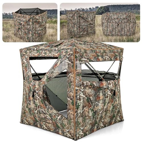 GYMAX 360° durchsichtiges Jagdzelt, zerlegbares Bodenversteck, Jägerzelt für 2–3 Personen, Jagdversteck mit Tragetasche & zu öffnendem Oberlicht, aufklappbares Tarnzelt für die Wildschweinjagd