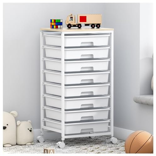 SYKIARIOL 8 Drawers Storage Trolley, Utility Storage Cart on Lockable Wheels with Plastic Drawers, Multipurpose Mobile Organizer Unit for Living Room,Bedroom,School,Beauty, Nature White