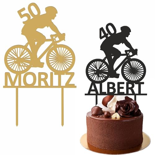 decoresca Personalisierte Kuchendeko Geburtstag, Personalisiert mit Alter, Name & Farbe, Fahrrad Thema, Radfahrer, Happy Birthday Tortenaufsatz, Kuchendekoration, Tortenstecker in Acryl & Sperrholz