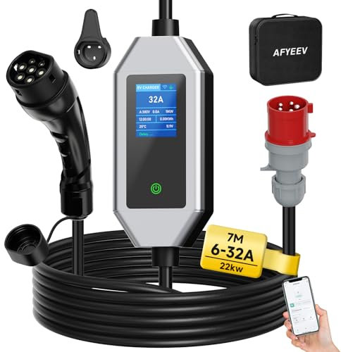 AFYEEV Wallbox 22KW [3-phasig|7m|6-32A] mit APP und 32A Typ 2 Ladekabel Schuko CEE-Stecker, Mobile Wallbox Ladestation für Zuhause