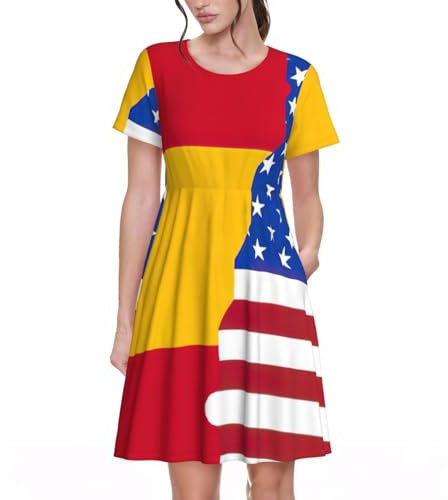 Vestido de playa con estampado de bandera de España para mujer, de verano, casual, manga corta, cuello redondo, acampanado, con vuelo, para la playa, Negro, XXL