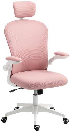 Vinsetto High Back Office Chair, Mesh Computer Desk Chair with Rotatable Headrest, 4D Lumbar Support, Flip-up Arm, Adjustable Height, Pink