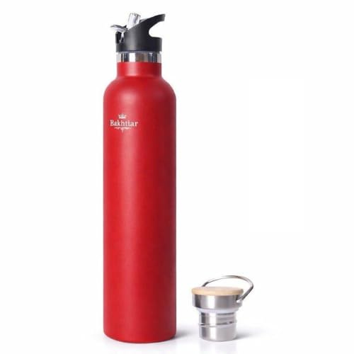 Bakhtiar®️ Doppelwandige Edelstahl Trinkflasche –Auslaufsichere Isolierflasche für Heiß- & Kaltgetränke, Kohlensäure-geeignet, inkl. Ersatzdeckel (Tiefes Rot, 1000ml)