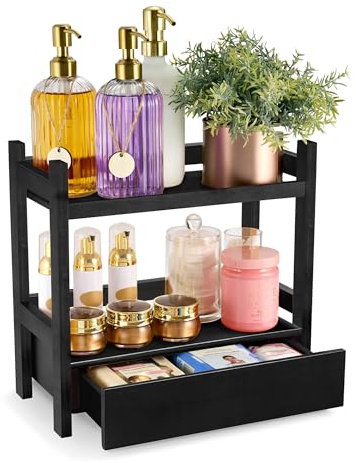 Sorbus Bamboo Bathroom Counter Organizer – 2-Tier Shelf with Hidden Drawer for Vanity, Matcha Station, Bathroom Sink Organizer Countertop, Kitchen & Office Storage (13″ L x 6.5″ W x 12.6″ H) (Black)