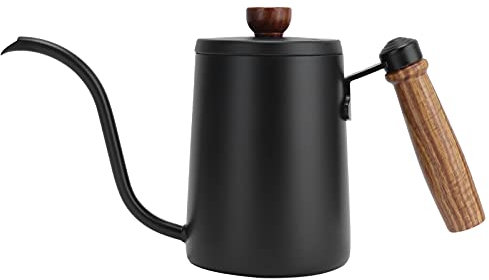 Gooseneck Kettle, Kettle Gooseneck Goose Neck Pot with Wooden Handle 600ML Food Grade Stainless Steel Coffee Pot for Home Office (Black 600ML)