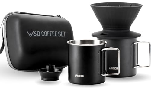 Vandroop Juego de cafetera para camping, juego de viaje V60, gotero de café de silicona plegable, 2 tazas portátiles de acero inoxidable, con 10 filtros de papel V60 (color negro, para 2-3 personas)