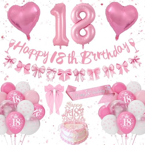 18 Geburtstag Mädchen, Deko 18. Geburtstag, Rosa Weiß Luftballon 18. Geburtstagsdeko, Tortendeko, Geburtstagsdeko Rosa Schleife Girlande, Haarnadel, Schärpe, Bedruckte Ballon, Mädchen 18th Party Deko