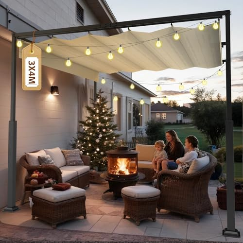Soontrans Pergola avec toit ouvrant réglable, 3 x 4 m, votre refuge verte, tonnelle avec toit de terrasse, toit de terrasse, toit de terrasse en acier et polyester, pour jardin, piscine, crème