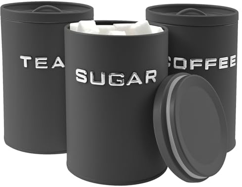 HuhWafee 3 Teiliges Vintage Küchendosen Set aus Metall, Stabile Vorratsdosen mit Dichtung Deckel, Kaffee Tee Zucker Aufbewahrungsdose,Küchendekoration,Küchen Organizer(Schwarz)