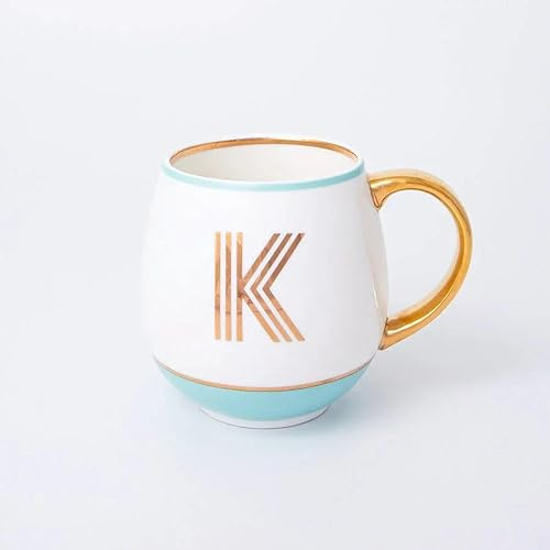 Bombay Duck Library Monogram Fine Bone China Mug, White & Blue with Pink & Gold Details, 450ml, Striped Gift Box, Hand Wash Only, Letter K