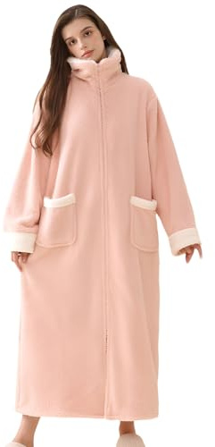 rismart Femme Peignoir Moelleux Col Carré Pleine Longueur Robe de Chambre Mesdames Robe du Matin avec Fermeture Eclair