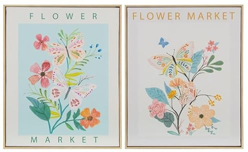 Lot de 2 tableaux sur toile avec fleurs en bleu, rose et vert 40 x 50 x 3,2 cm