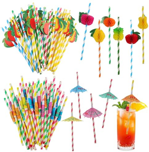LEIMEND 120 Pajitas Papel Pajitas Paraguas 3D Pajitas de Frutas | Para Cócteles Coloridas para Fiestas Pantalla Decorativa para Batidos Zumo Cócteles Bebidas Calientes (60 Piezas Cada Una)