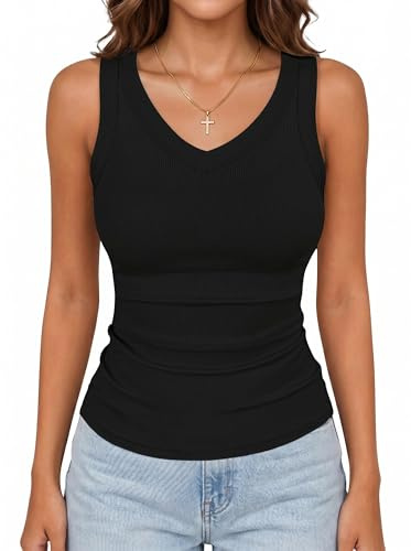 Xiaoliny Camiseta Sin Mangas Mujer Cuello en V Top de Canalé Verano Camisetas de Tirantes Básica Tank Tops Casual Camisola Tunica Shirt Ajustado Elástico Camiseta Interior para Deporte Uso Diario