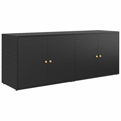 Fisinber Gartenschrank Schwarz 198 x 55,5 x 80 cm Poly Rattan Outdoor Aufbewahrungsschrank mit Akazienholzgriffen und Stahlrahmen Großzügiger Werkzeugschrank für Balkon Terrasse und Garten