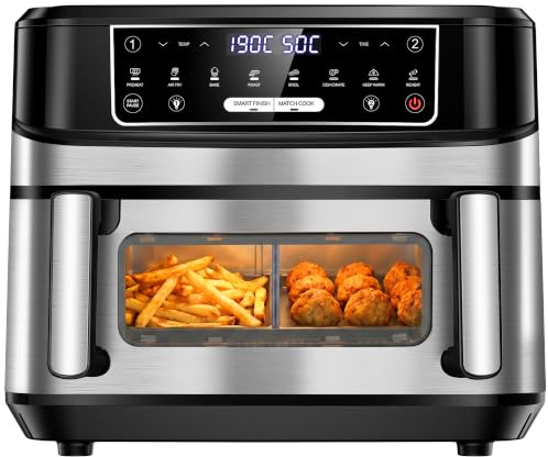 Dual Air Fryer 12L - 2600W Airfryers with Double Heating Elements, 8-in-1 XL Air Fryers, Single or Dual Drawer, Viewing Window & Interior Light, Large Capacity Stainless Steel Airfryer for 6–8 People