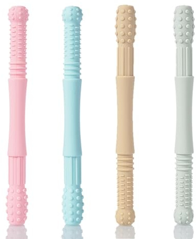 QEDBOJE Anneau de Dentition, 4 Pièces en Silicone Sans BPA, Aide à la Dentition pour Bébé, Tube de Mastication, Bâton et Doux, Jouet de Dentition Réfrigérant, Pour Garçons et Filles dès 3 Mois