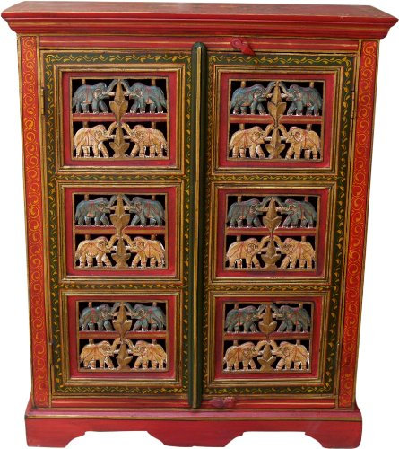 GURU SHOP Bemalter Elefantenschrank, Beistellschrank, Kommode mit Schnitzerei - Modell 3, Rot, 96x78x33 cm, Kommoden & Sideboards