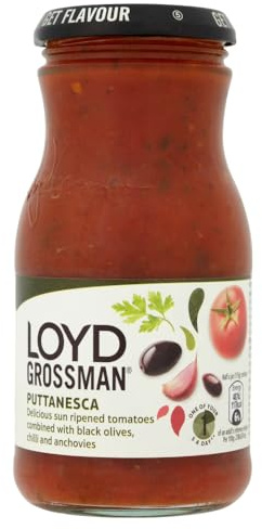 Loyd Grossman Italian Puttanesca Sauce, 350 g Jar (1-Pack) | Authentic Italian Style, Tomato, Olive & Anchovy Fusion, Versatile for Family Meals, Easy to Use, No Artificial Preservatives