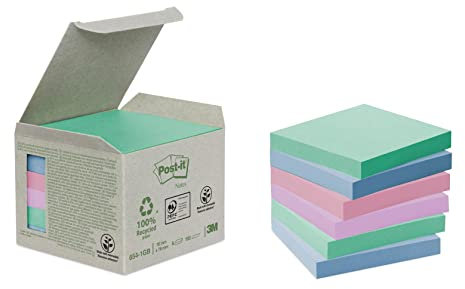 3M Recycling Notes 6541GB – Selbstklebende Haftnotizzettel aus Recycling Papier in 76 x 76 mm – 6 Notizblöcke quadratisch à 100 Blatt in 6 Farben