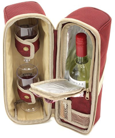 2 Person Deluxe Insulated Wine Cooler Bag for Picnic, Camping and Beach with 2x Polycarbonate Wine Glasses in Mulberry Red