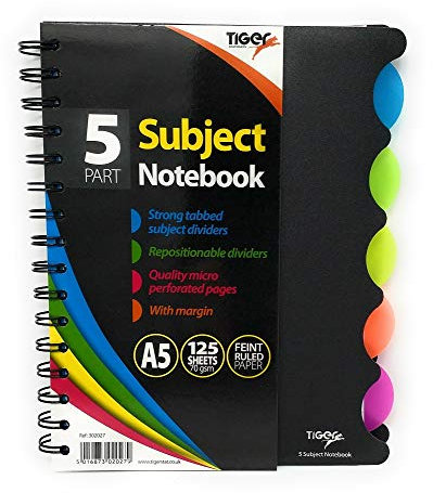 Quaderno formato A5, per 5 materie/argomenti, con rilegatura a doppia spirale